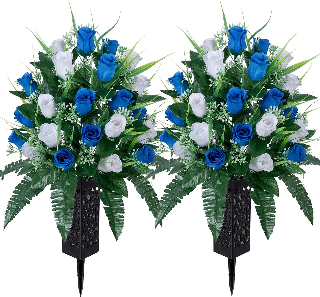 Artificial Cemetery & Memorial Flowers with Vase – White & Dark Blue Rose Gravesite Bouquet, Outdoor All-Weather Grave Decoration, Long-Lasting Non-Bleeding Colors (2 Sets)